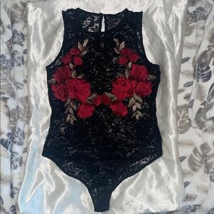 Forever 21 Black Lace Bodysuit with Red Floral Design